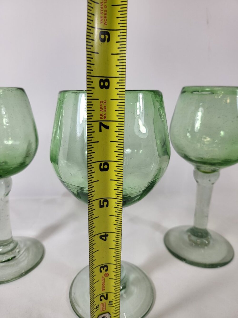 Vintage Hand Blown Green Glass Goblets, Set of 3 Bubble Glass Wine Glasses - Picture 5 of 8